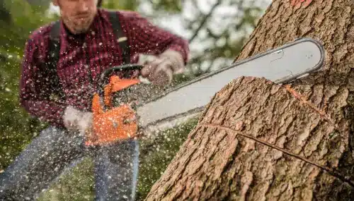 Master ChatGPT: Top 2025 Guide for Realtors 6 Real Estate Simplification - Man Using Chainsaw Symbolizing the Breakdown of Complex Tasks with ChatGPT