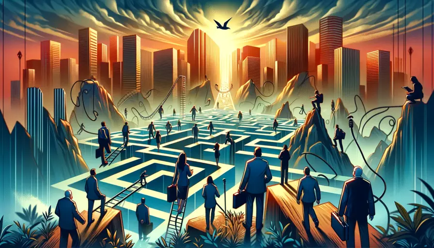 eXp Realty for New Agents: A Smart Move in 2026? 4 Agents navigating through a maze against a backdrop of skyscrapers, symbolizing the challenges faced by new agents at eXp Realty.