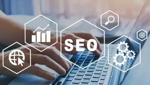 How to Find Buyers in Real Estate (Without Wasting Time on Duds) 2 Realtor optimizing their YouTube channel with SEO strategies, depicted by digital icons of search and analytics