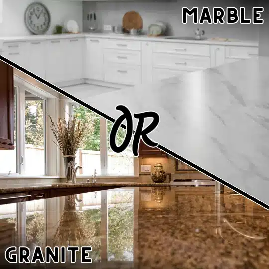 a kitchen with marble and granite counter tops