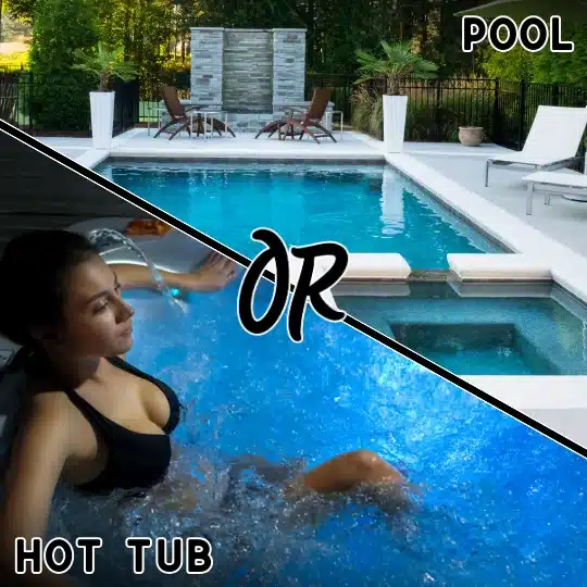a woman in a hot tub and a pool on the right