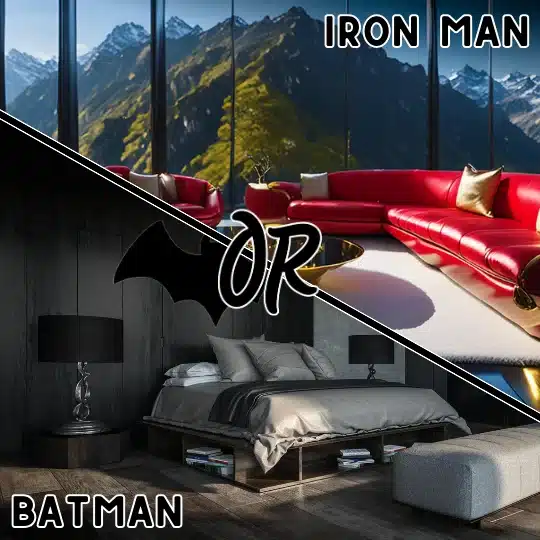 a room with a red couch and a bed