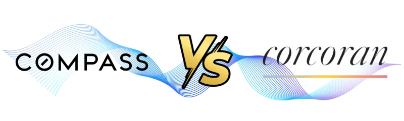 Compass vs Corcoran logos on a blue wavy background