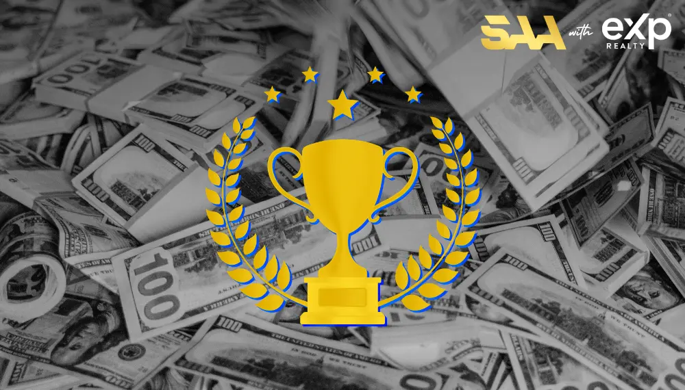 Gold trophy with blue accents and stars over a black-and-white background of hundred-dollar bills, symbolizing eXp Realty stock awards and financial achievement.