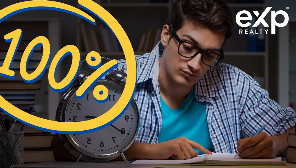 Focused student studying at a desk with books, a clock, and a large "100%" overlay, branded with the eXp Realty logo