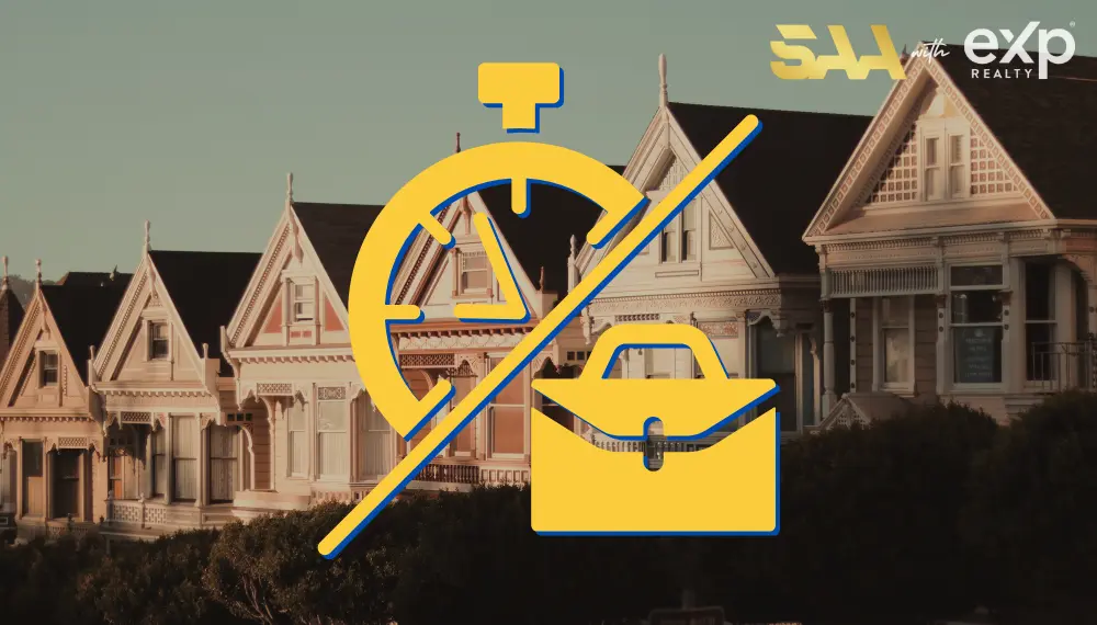Icon of a stopwatch and briefcase crossed out, overlaying Victorian houses with eXp Realty and Smart Agent Alliance logos