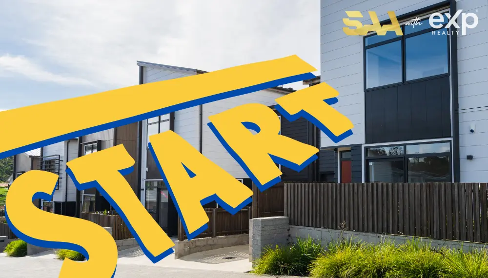 Modern townhomes in the background with the bold word “START” and eXp Realty and Smart Agent Alliance logos