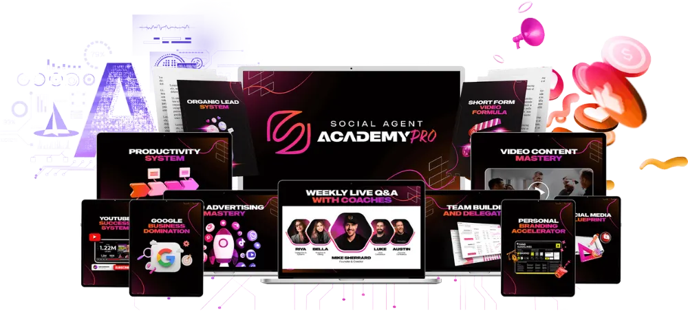 The Complete Guide to Starting Your Real Estate Career at eXp Realty 6 Collage of digital course screens with the Social Agent Academy PRO logo, showcasing training topics like advertising, productivity, content creation, and YouTube success.