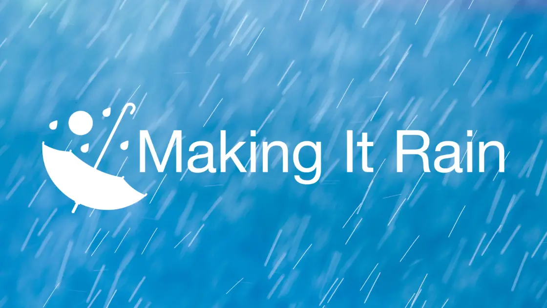 Blue rain-themed graphic with an umbrella icon and the words “Making It Rain,” representing eXp Realty’s automated advertising lead generation program.