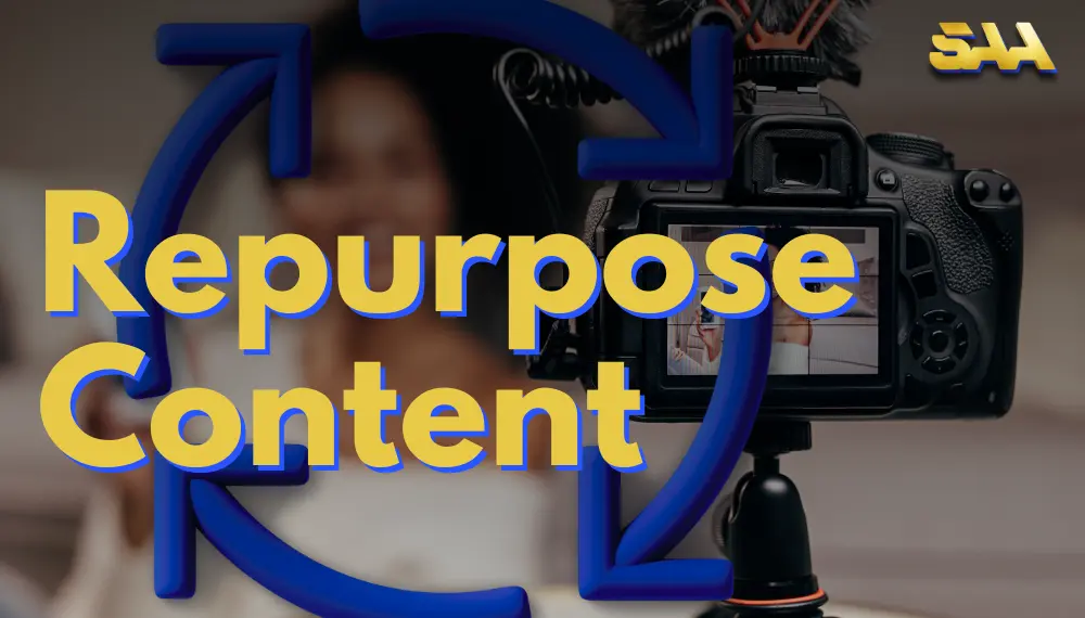 Camera recording a smiling woman with bold text overlay reading “Repurpose Content” and a circular blue arrow graphic symbolizing content recycling