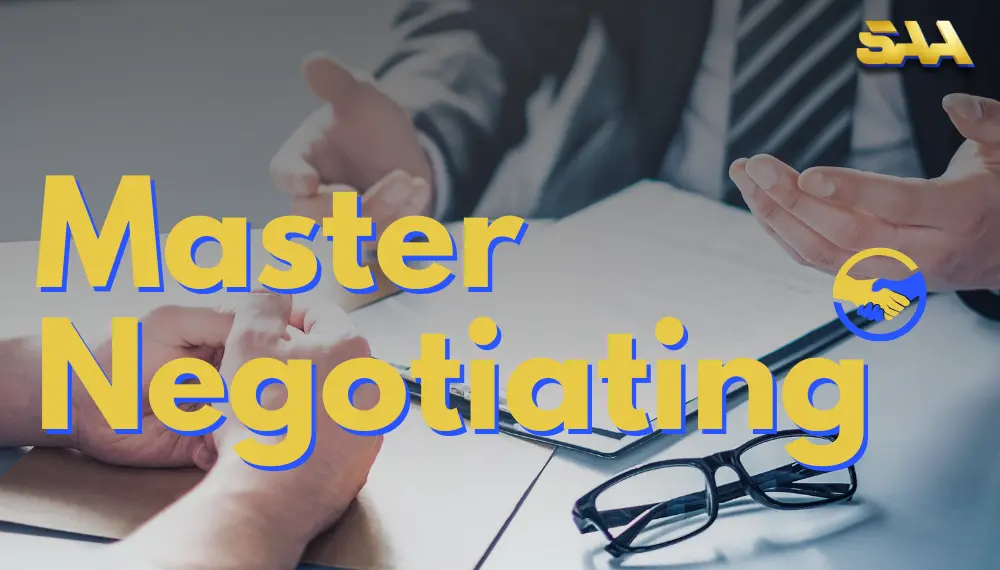 4 Two professionals negotiating at a table with documents and glasses, overlaid with the text "Master Negotiating" and a handshake icon.