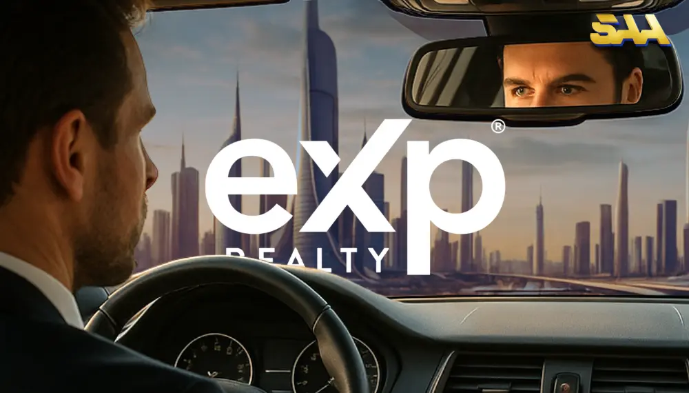 Man in a luxury car looking into the rearview mirror with a futuristic skyline ahead and the eXp Realty logo centered on the windshield
