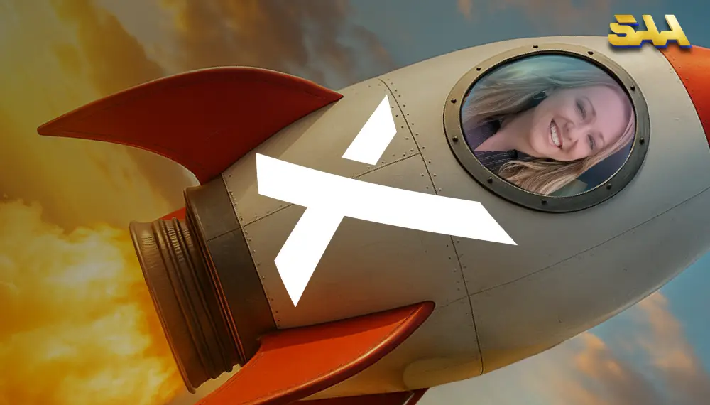 Smiling woman inside a rocket ship with the eXp Realty logo, blasting off into a golden sky, symbolizing a powerful start to a real estate career with eXp
