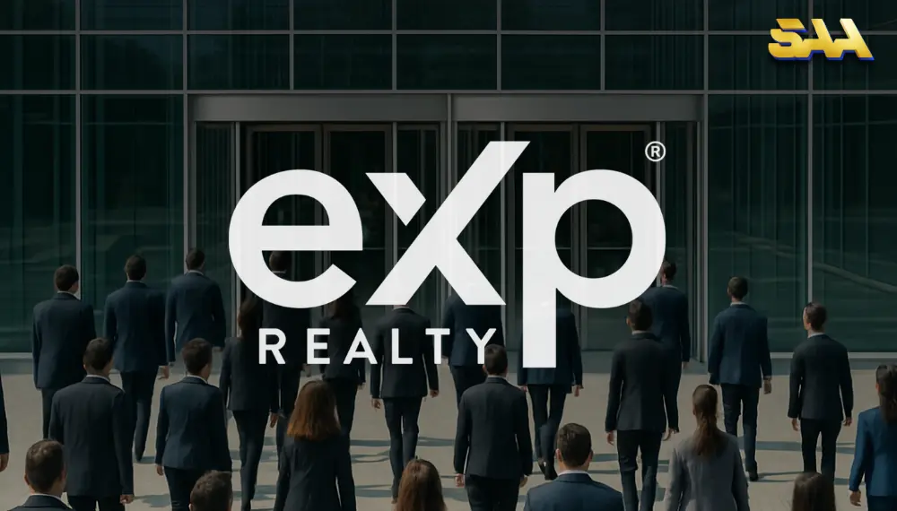 4 A group of professionally dressed real estate agents walking toward the glass doors of a modern office building with the eXp Realty logo overlaid, symbolizing experienced agents joining eXp Realty.